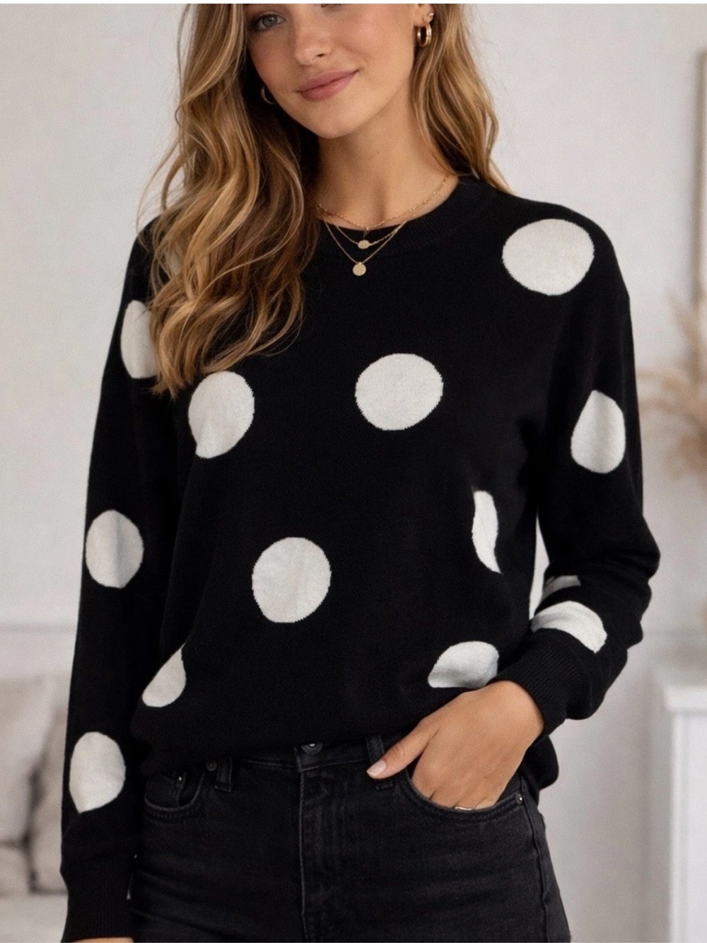 Tahari Classic Polka Dot Crewneck Sweater - Black & White